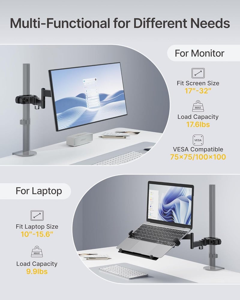 Montek 2-in-1 Universal Laptop Pole Mount Tray for 10”- 15.6” Notebook or 17”-32” Monitor, Full Motion Laptop Mount with Removable 75/100mm VESA Plate, Fits 1.1”-2.4” Pole Diameter, Black - Image 2